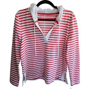 T by Talbots Red White Striped Waffle Knit Hoodie Top Petite Medium PM NEW